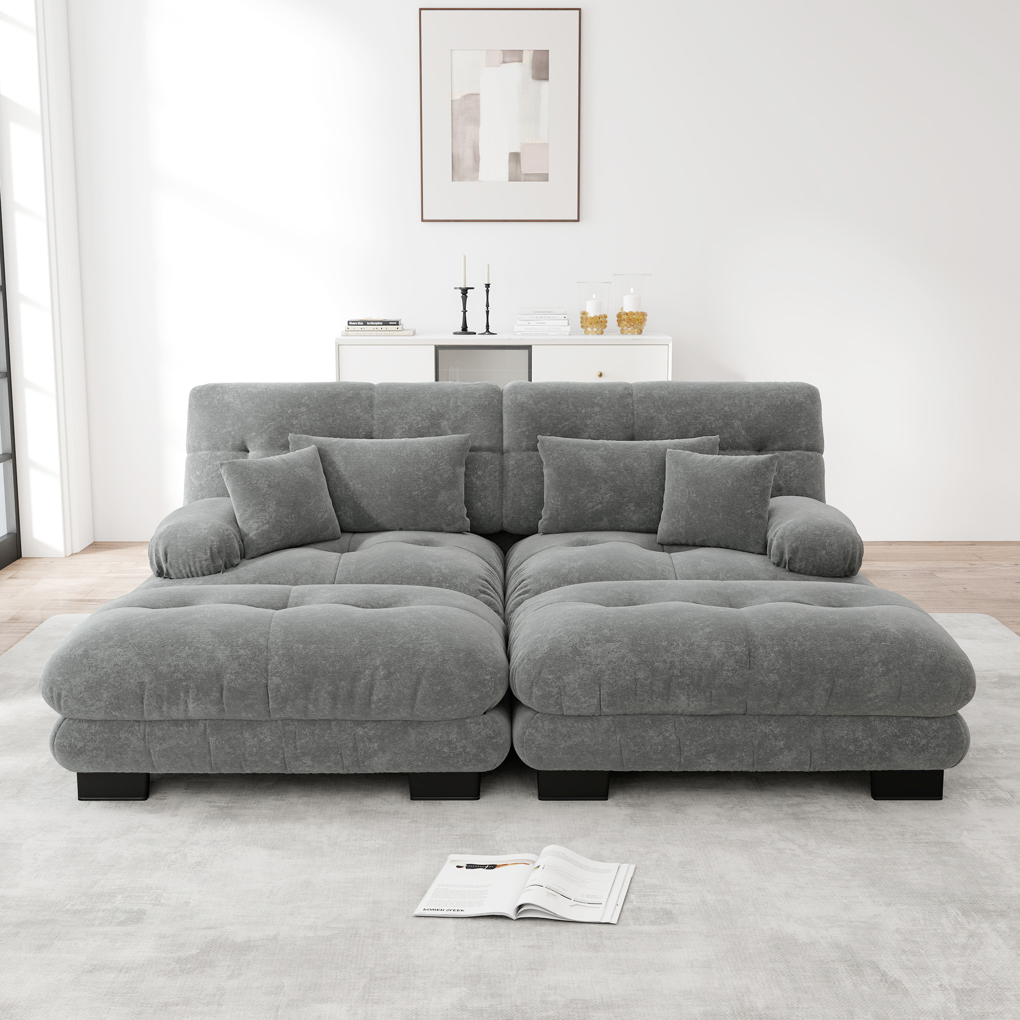 Sofa narożna szara z weluru, poduszki dekoracyjne, 2 otomany