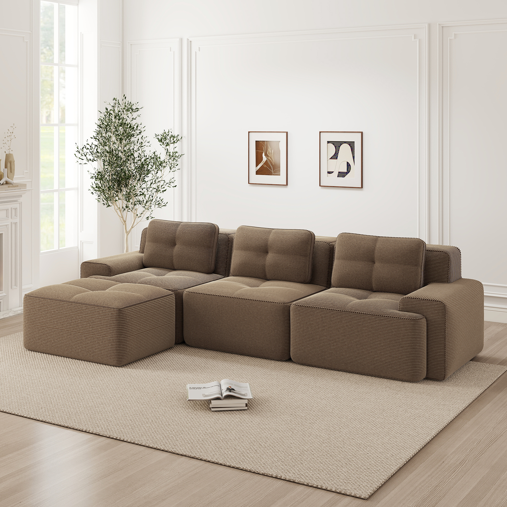 Sofa modułowa L-kształtna brązowa z weluru 3-osobowa Sofa modułowa L-kształtna brązowa z weluru 3-osobowa