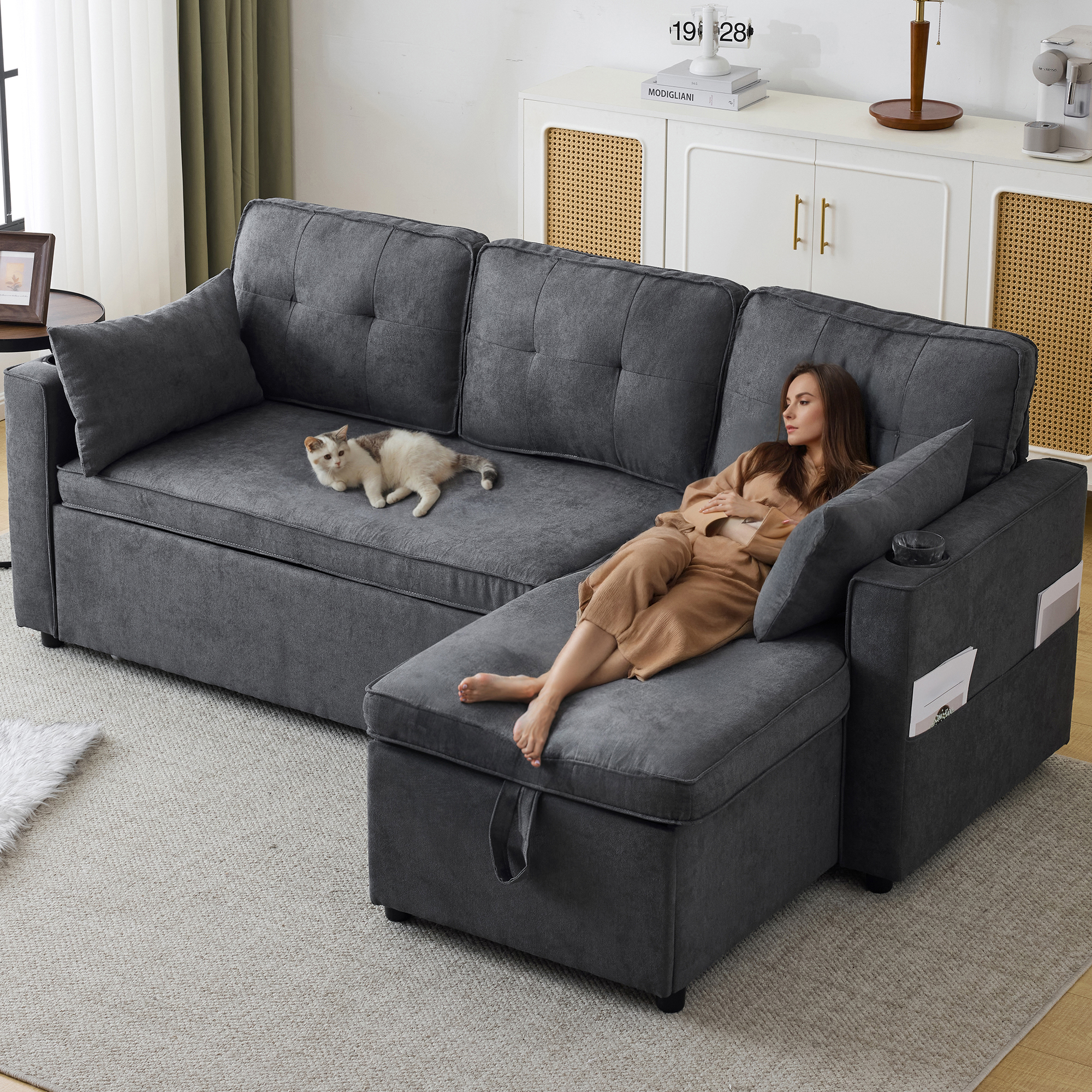 Sofa rozkładana z funkcją spania, szara, z pojemnikiem Sofa rozkładana z funkcją spania, szara, z pojemnikiem