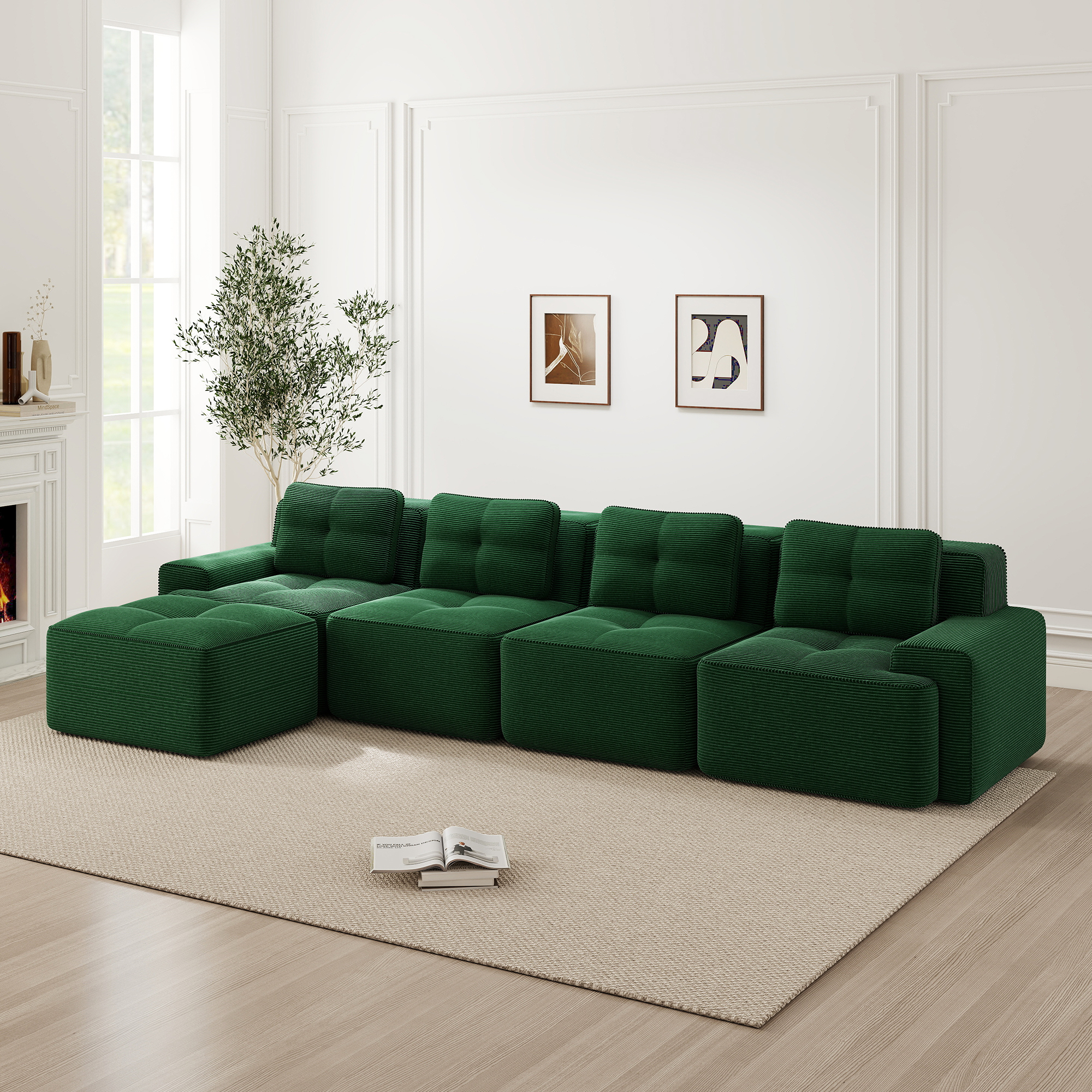 Sofa bezszwowa zielona, modułowa, 4-osobowa, nisko osadzona, materiał: kord, komfortowa Sofa bezszwowa zielona, modułowa, 4-osobowa, nisko osadzona, materiał: kord, komfortowa