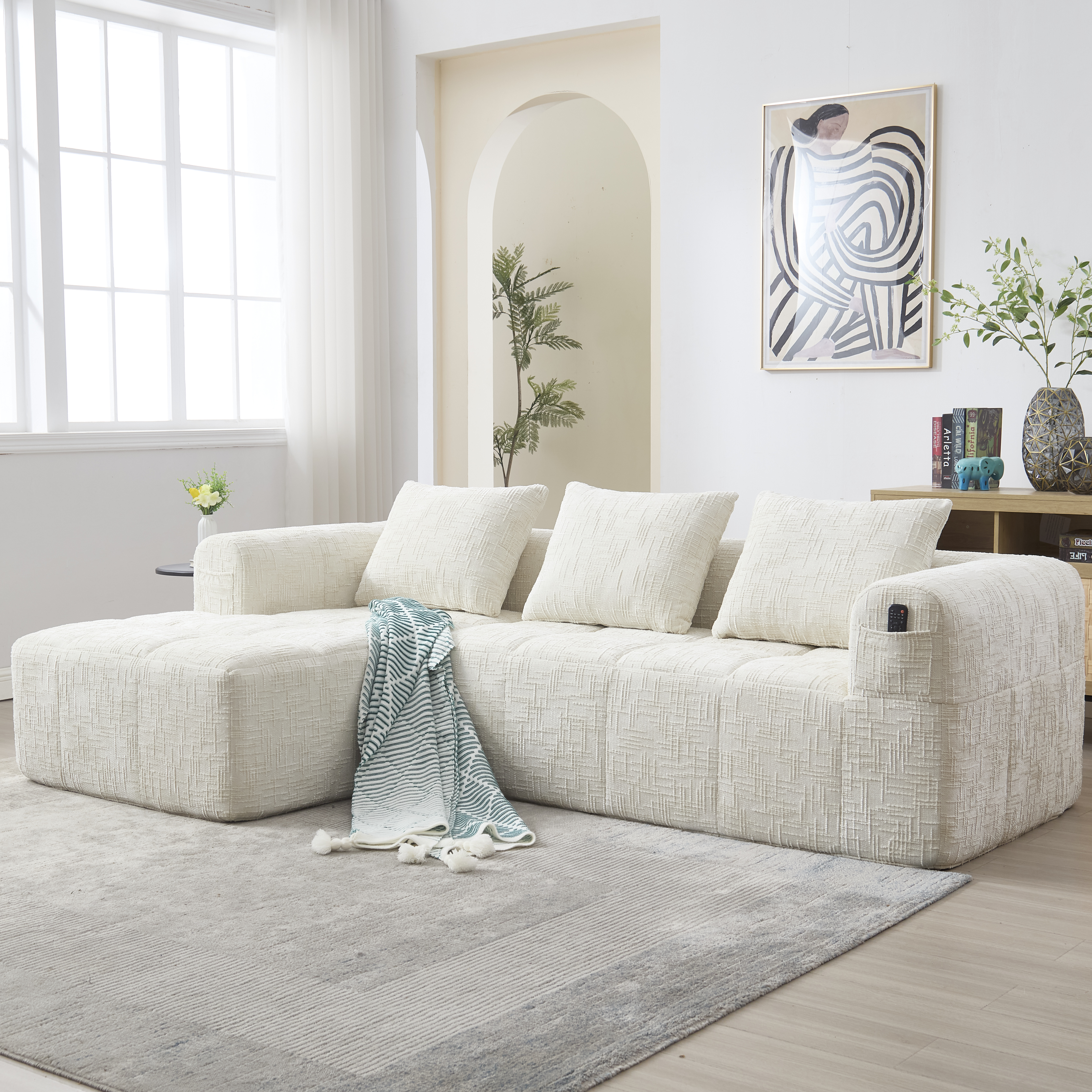 Sofa narożna nowoczesna, sztruksowa, beżowa, z podłokietnikami Sofa narożna nowoczesna, sztruksowa, beżowa, z podłokietnikami