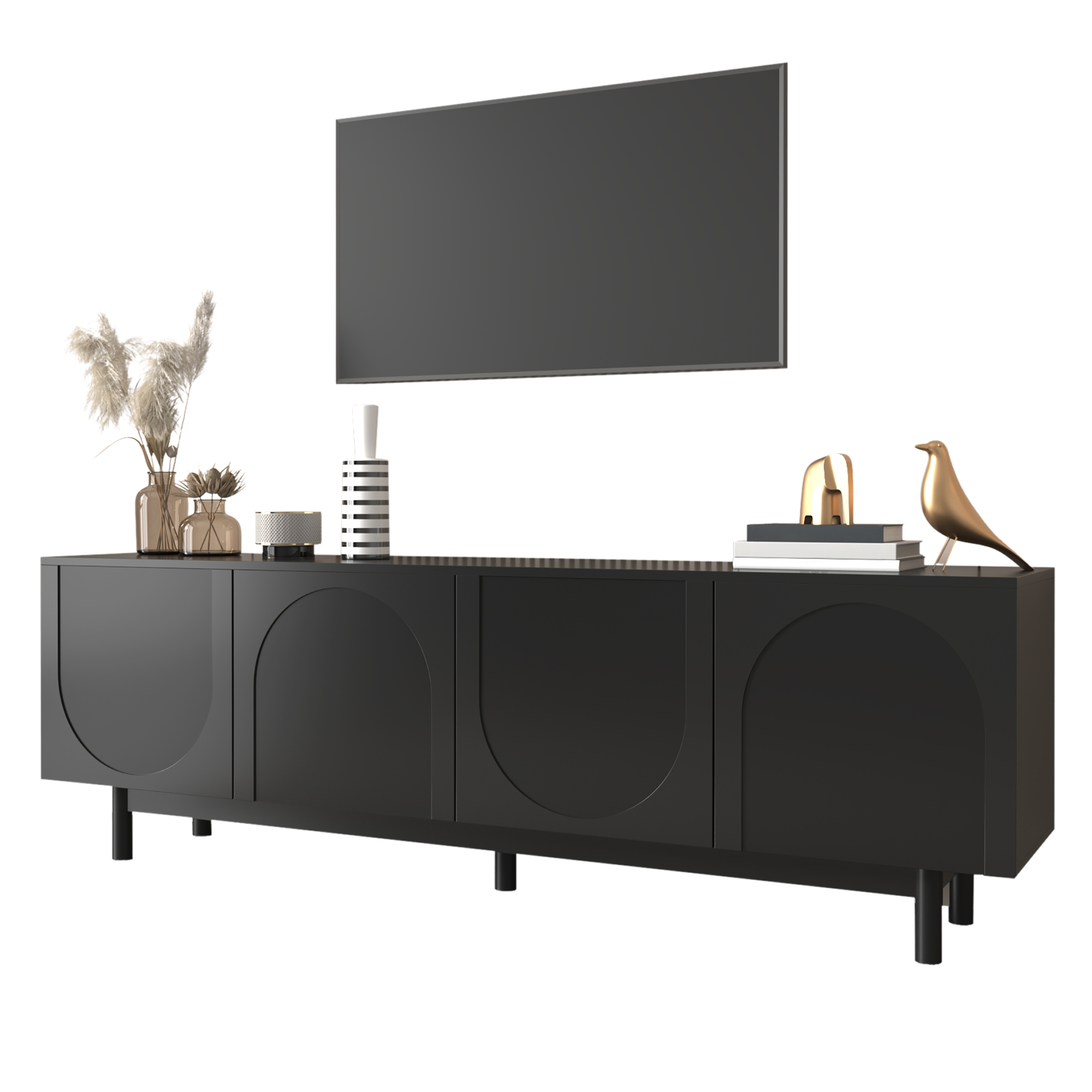 Szafka RTV nowoczesna czarna 175x38x56 cm, regulowane półki, mebel do telewizora