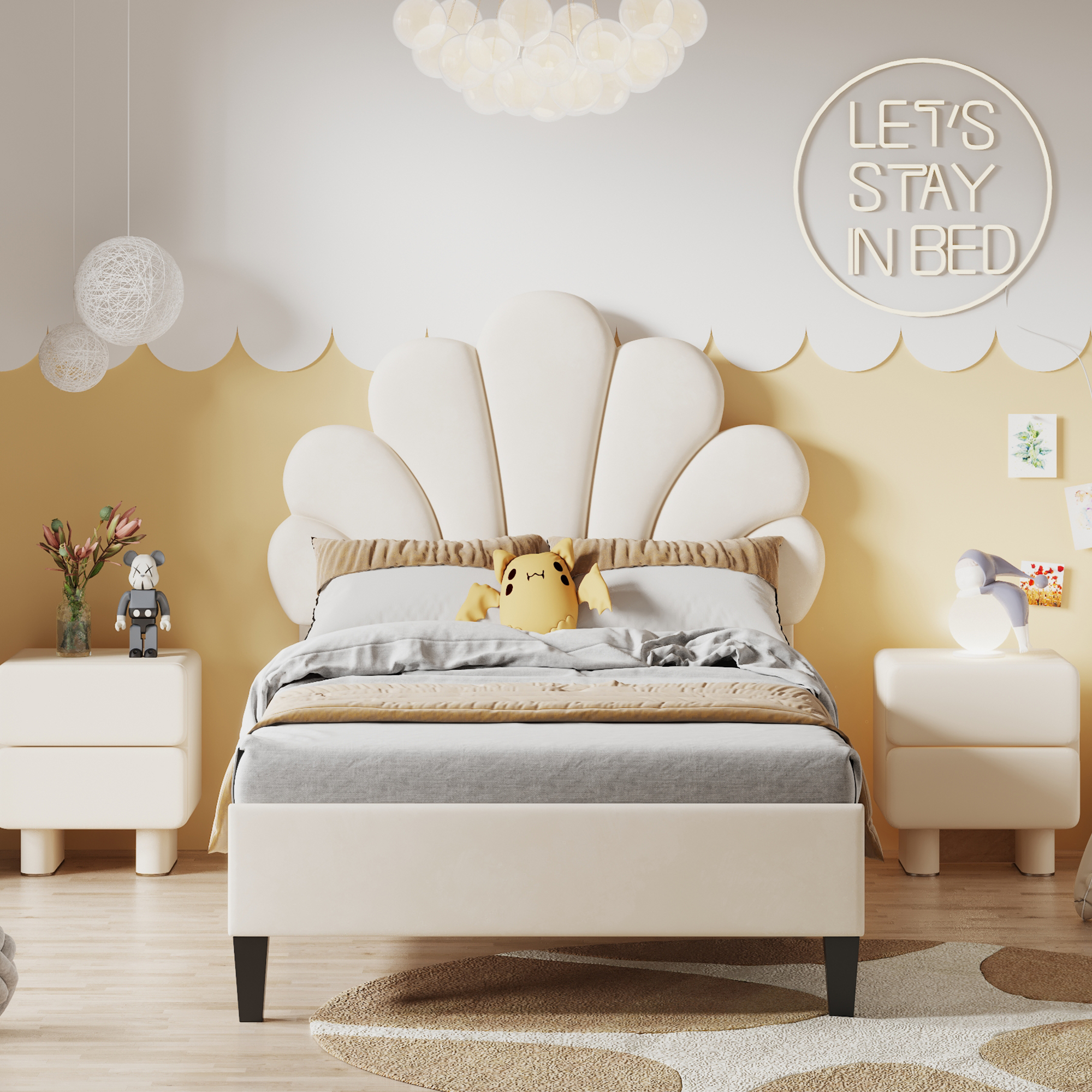 Łóżko tapicerowane dziecięce 90 x 200 cm, beżowe, z głową w kształcie kwiatu Łóżko tapicerowane dziecięce 90 x 200 cm, beżowe, z głową w kształcie kwiatu