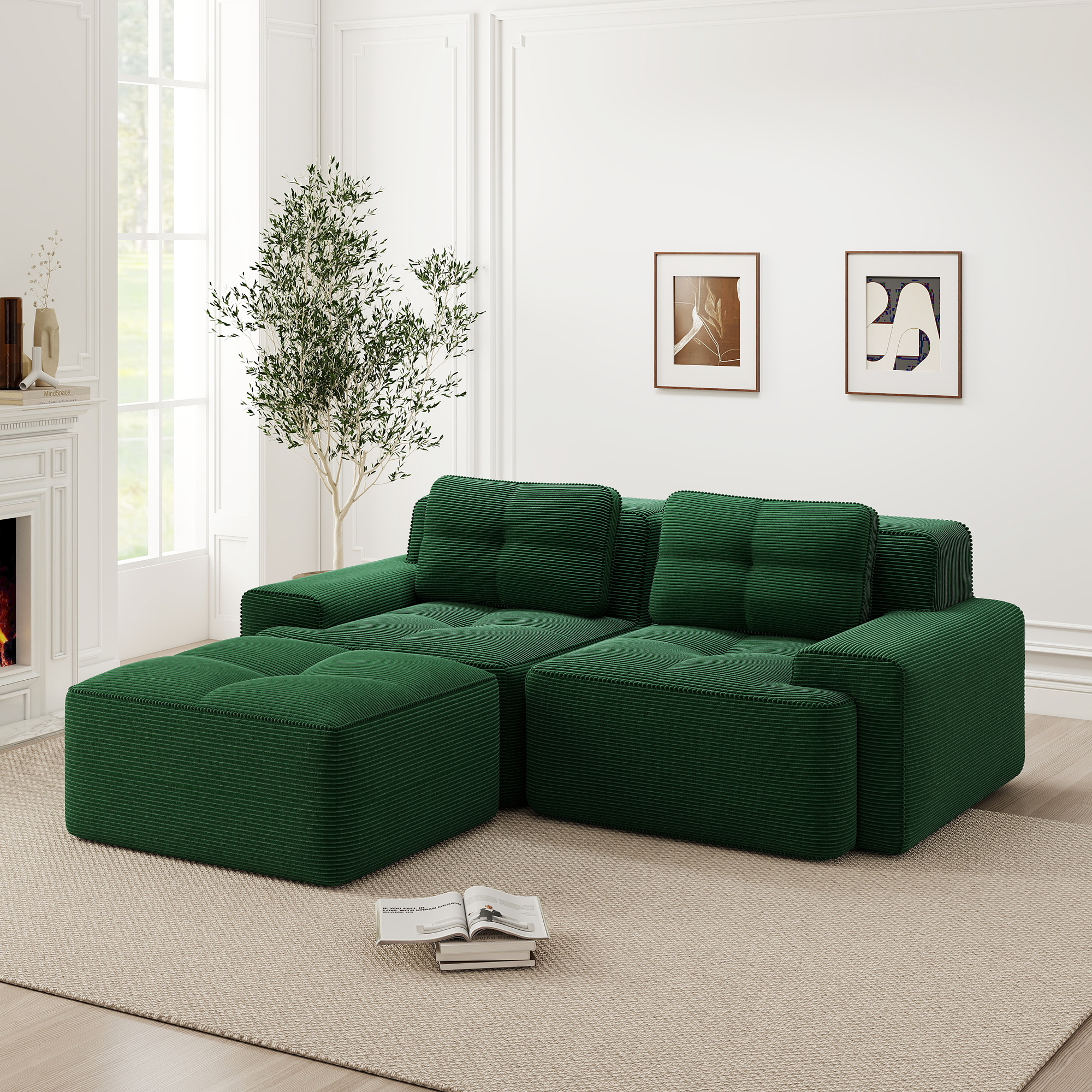 Sofa modułowa bezszwowa, zielona, welurowa, z siedziskiem głębokim Sofa modułowa bezszwowa, zielona, welurowa, z siedziskiem głębokim