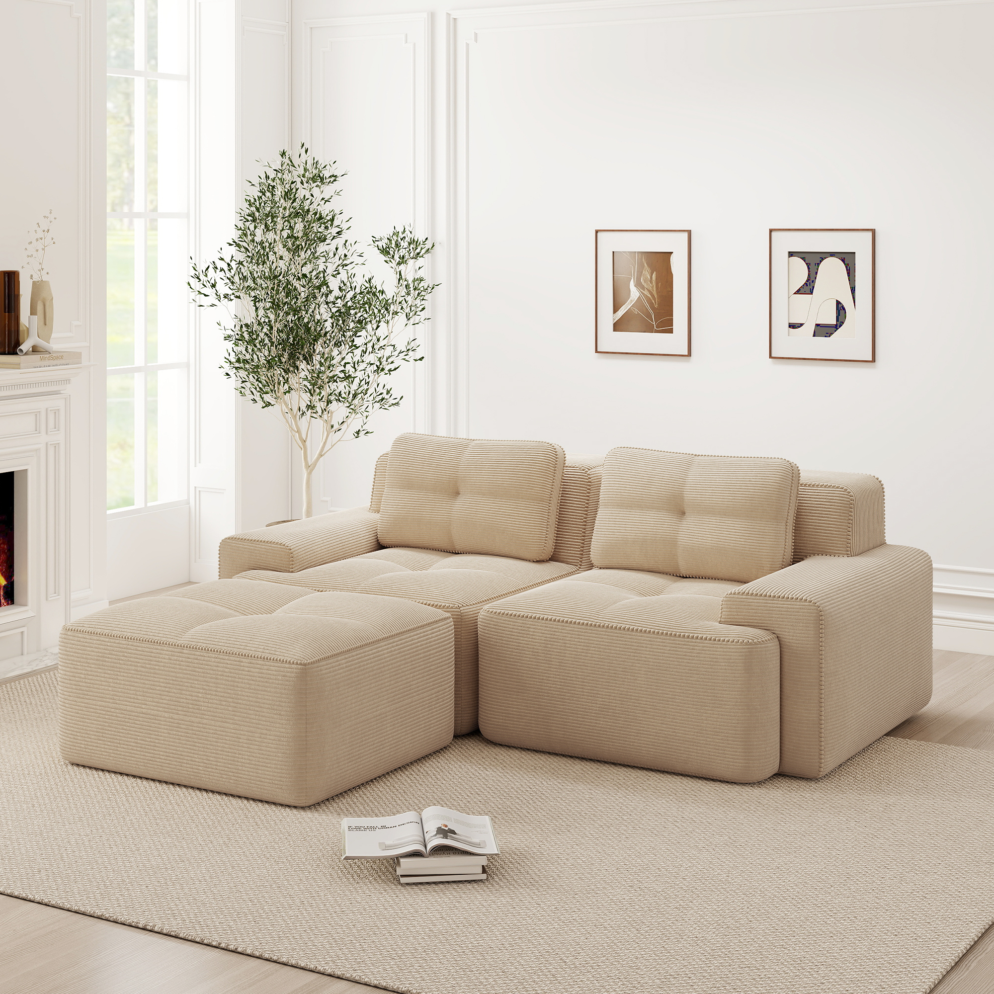 Sofa modułowa bez oparcia, nowoczesna w kształcie L, beżowa, z siedziskiem głębokim, z tkaniny sztruksowej Sofa modułowa bez oparcia, nowoczesna w kształcie L, beżowa, z siedziskiem głębokim, z tkaniny sztruksowej