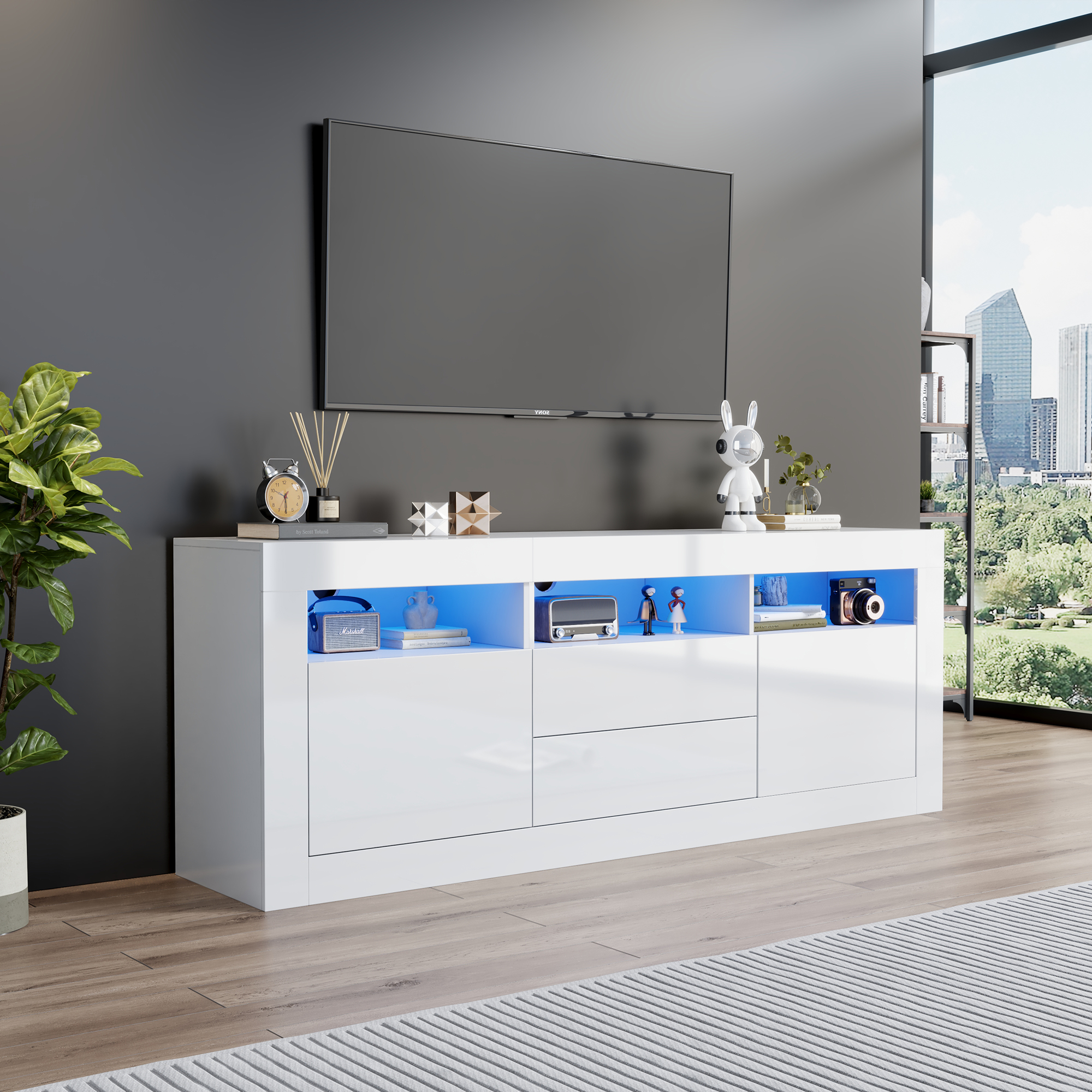 Szafka RTV biała 160x35x60 cm z podświetleniem LED, 3 półki, 2 drzwi, 2 szuflady, sterowanie aplikacją