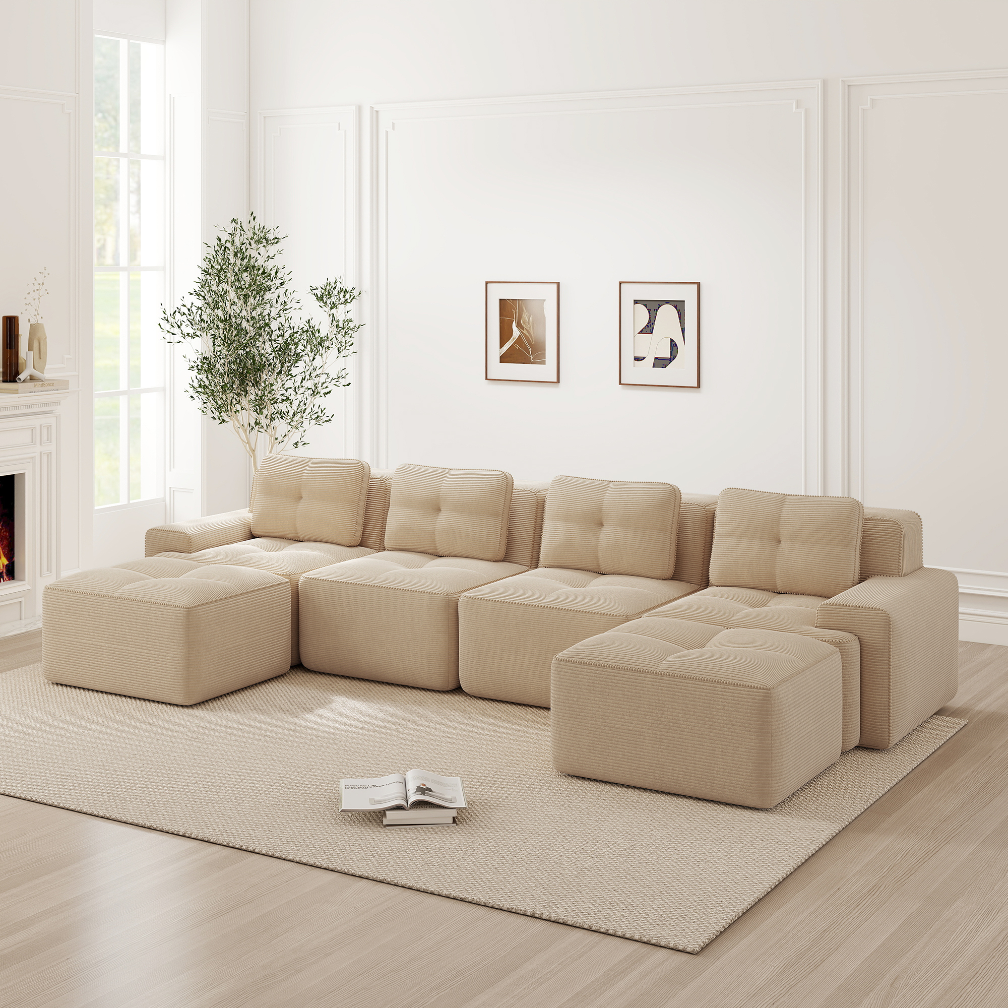 Sofa modułowa z chaise longue, beżowa, 4-osobowa, głęboki siedzisko, materiał welurowy Sofa modułowa z chaise longue, beżowa, 4-osobowa, głęboki siedzisko, materiał welurowy