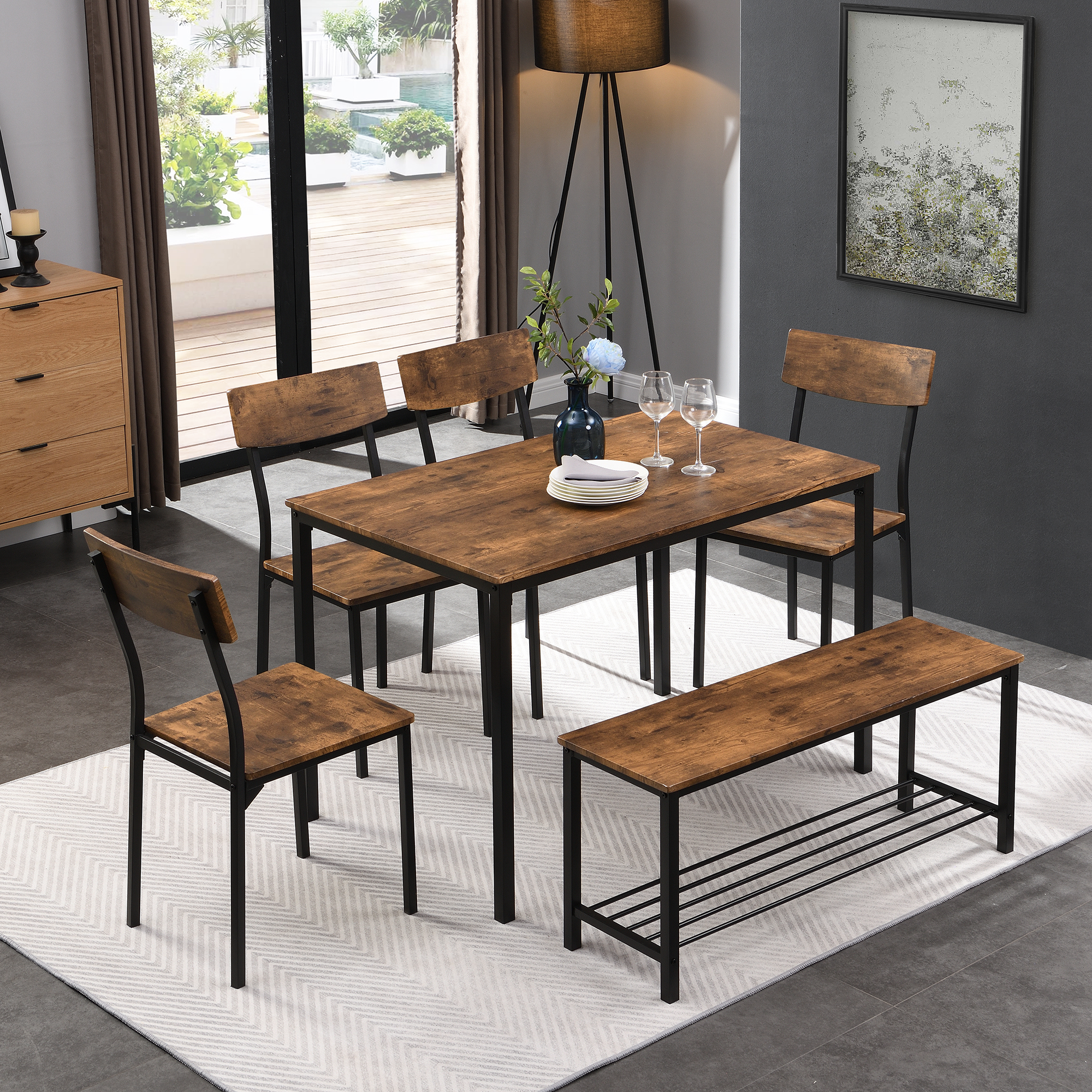 Zestaw mebli do jadalni stół i ławka 6-osobowy brązowy Zestaw mebli do jadalni stół i ławka 6-osobowy brązowy
