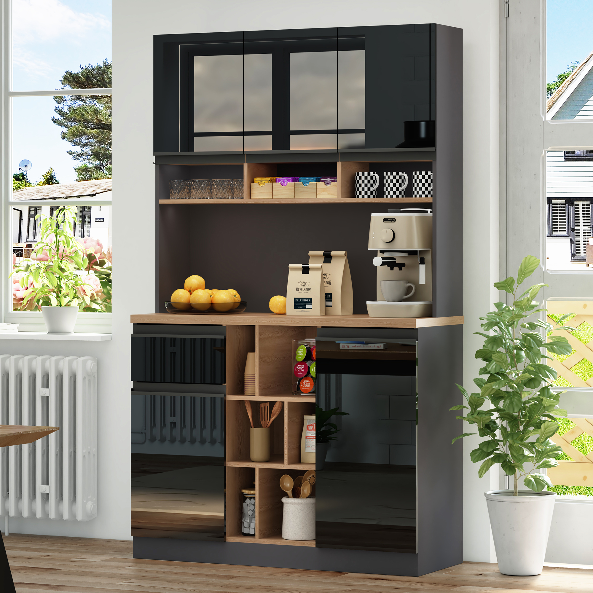 Szafka kuchenna 105x45x185cm, szaro-czarna, MDF, regulowane półki, z szufladami