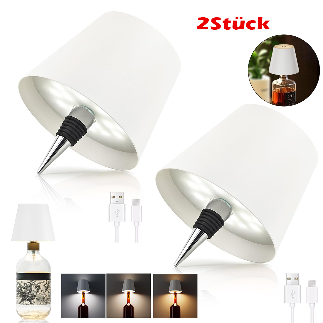 Lampa LED do butelek 2 szt. dotykowa 1200mAh biała Lampa LED do butelek 2 szt. dotykowa 1200mAh biała