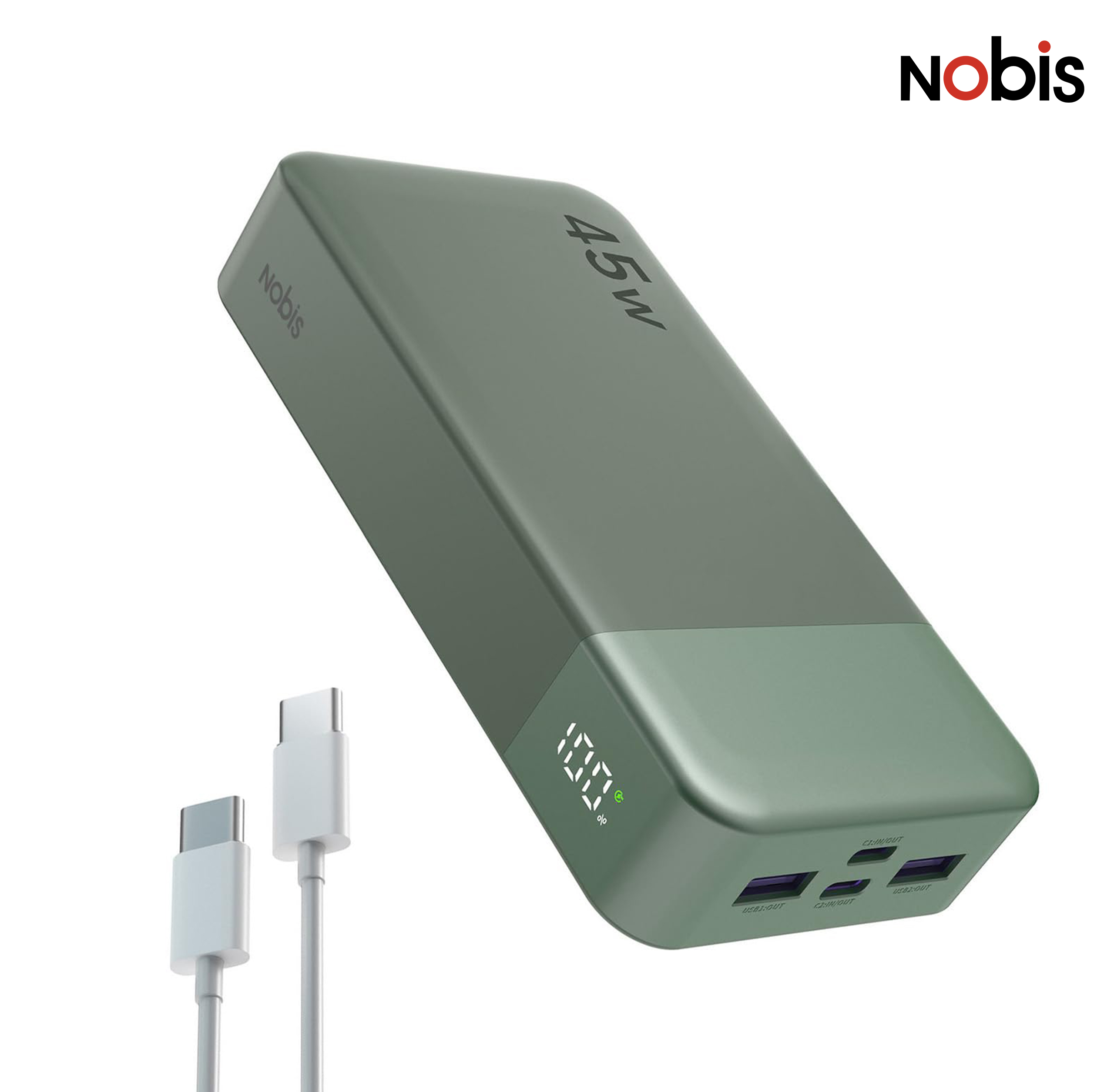 Powerbank 20000 mAh 45 W, zielony, szybkie ładowanie USB-C z wyświetlaczem