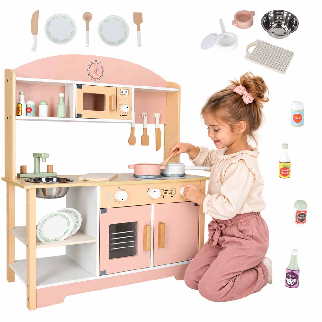 Kuchnia dla dzieci drewniana  MDF MODERN CLASSIC akcesoria 82cm różowa