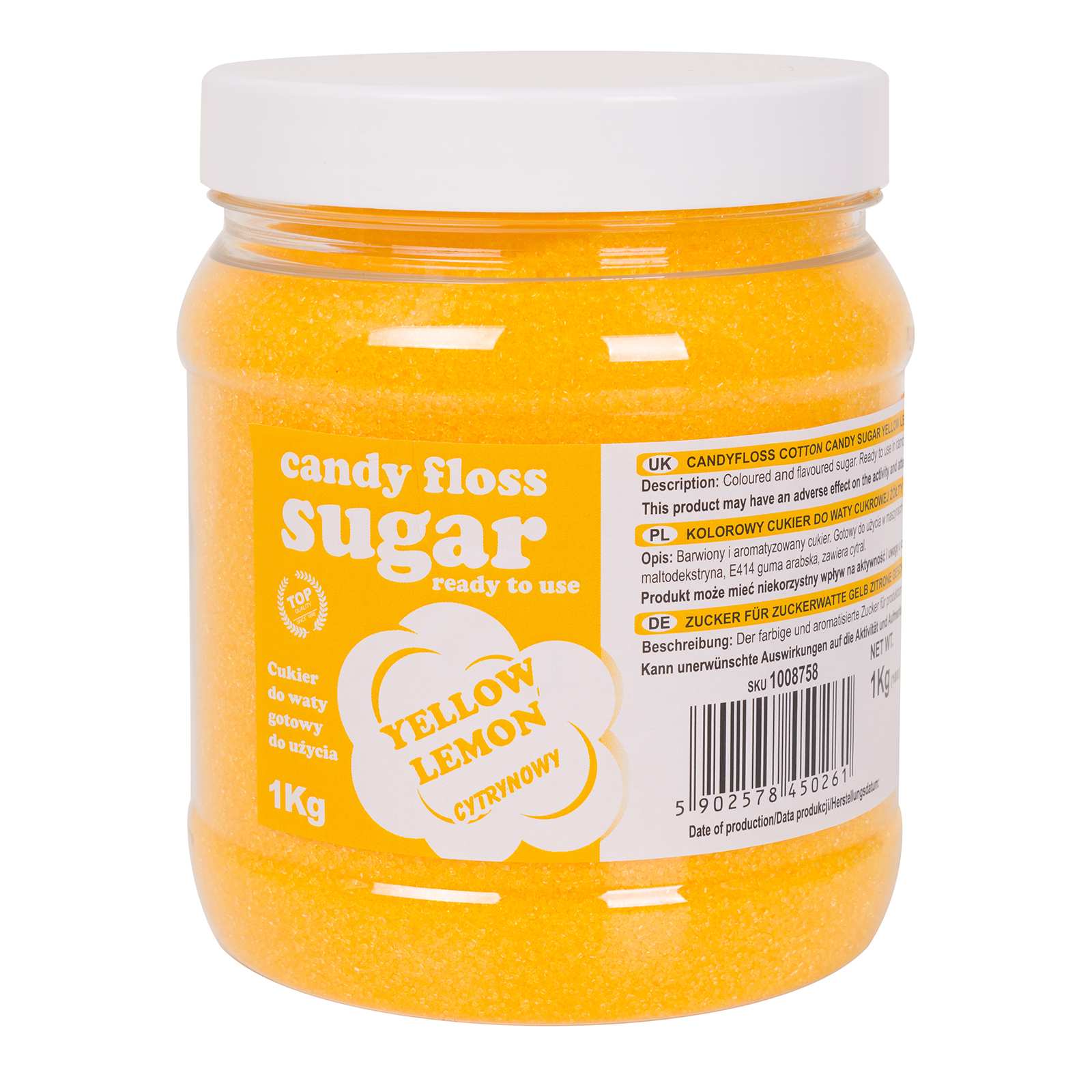 Kolorowy cukier do waty cukrowej żółty o smaku cytrynowym 1kg Kolorowy cukier do waty cukrowej żółty o smaku cytrynowym 1kg