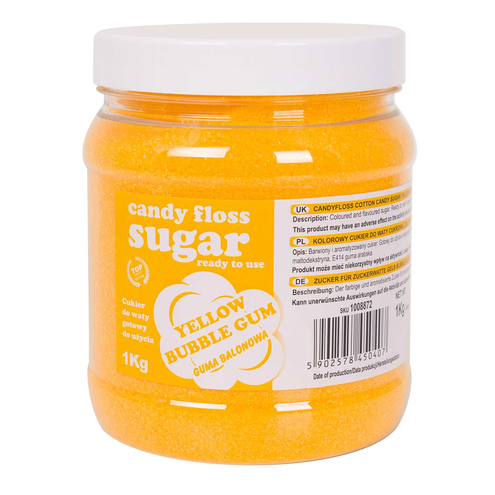 Kolorowy cukier do waty cukrowej żółty o smaku gumy balonowej 1kg Kolorowy cukier do waty cukrowej żółty o smaku gumy balonowej 1kg
