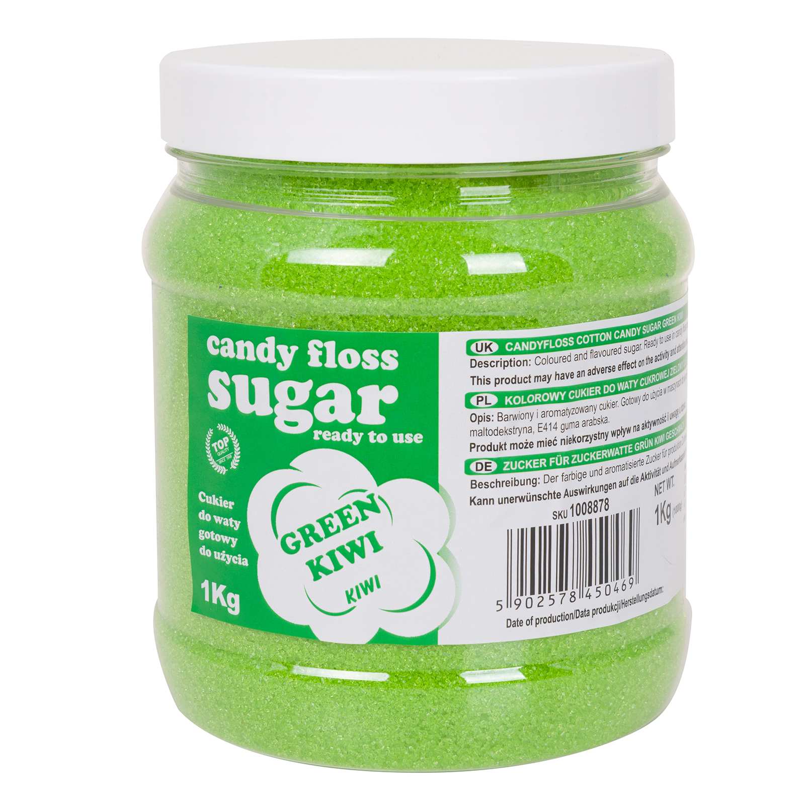 Kolorowy cukier do waty cukrowej zielony o smaku kiwi 1kg Kolorowy cukier do waty cukrowej zielony o smaku kiwi 1kg