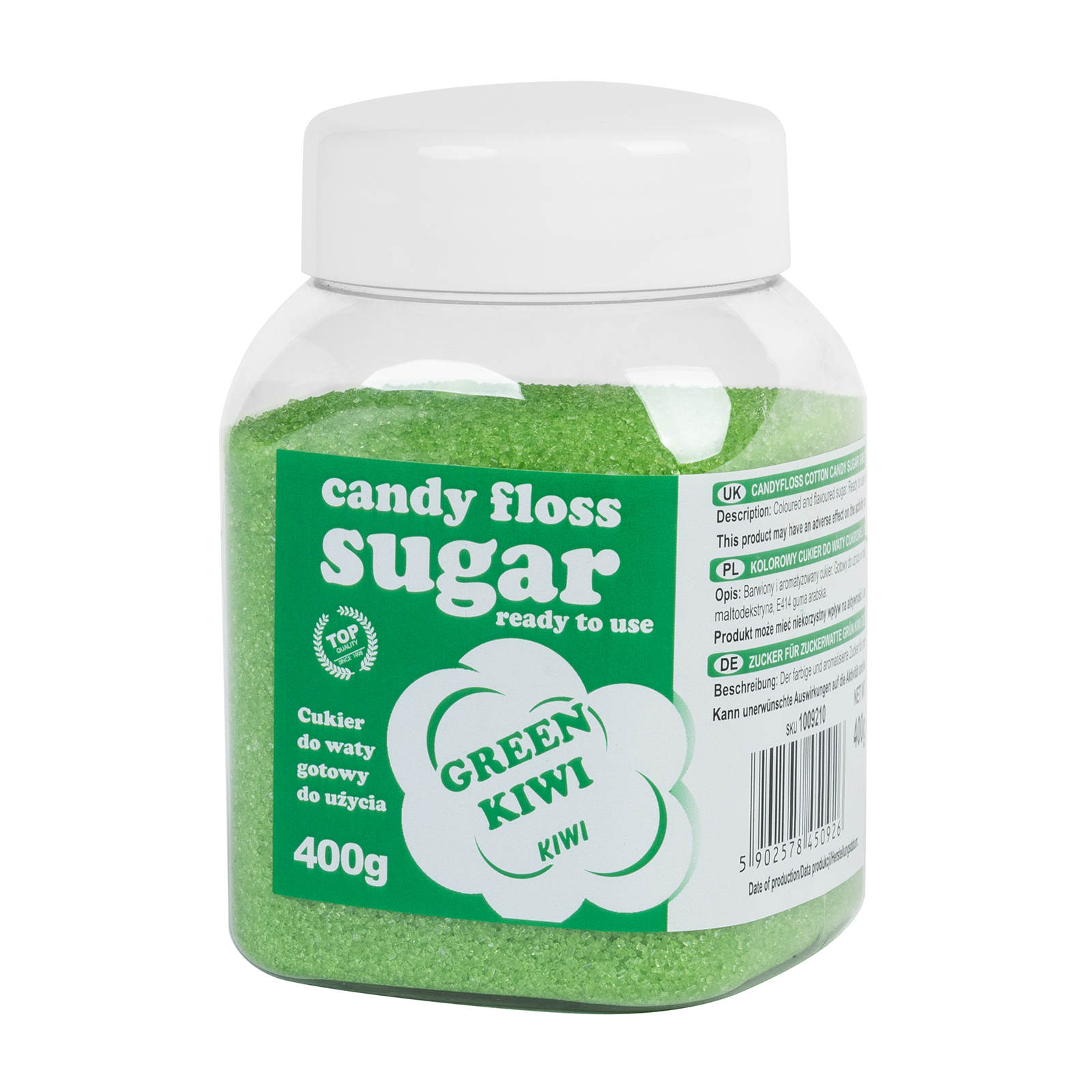 Kolorowy cukier do waty cukrowej zielony o smaku kiwi 400g Kolorowy cukier do waty cukrowej zielony o smaku kiwi 400g