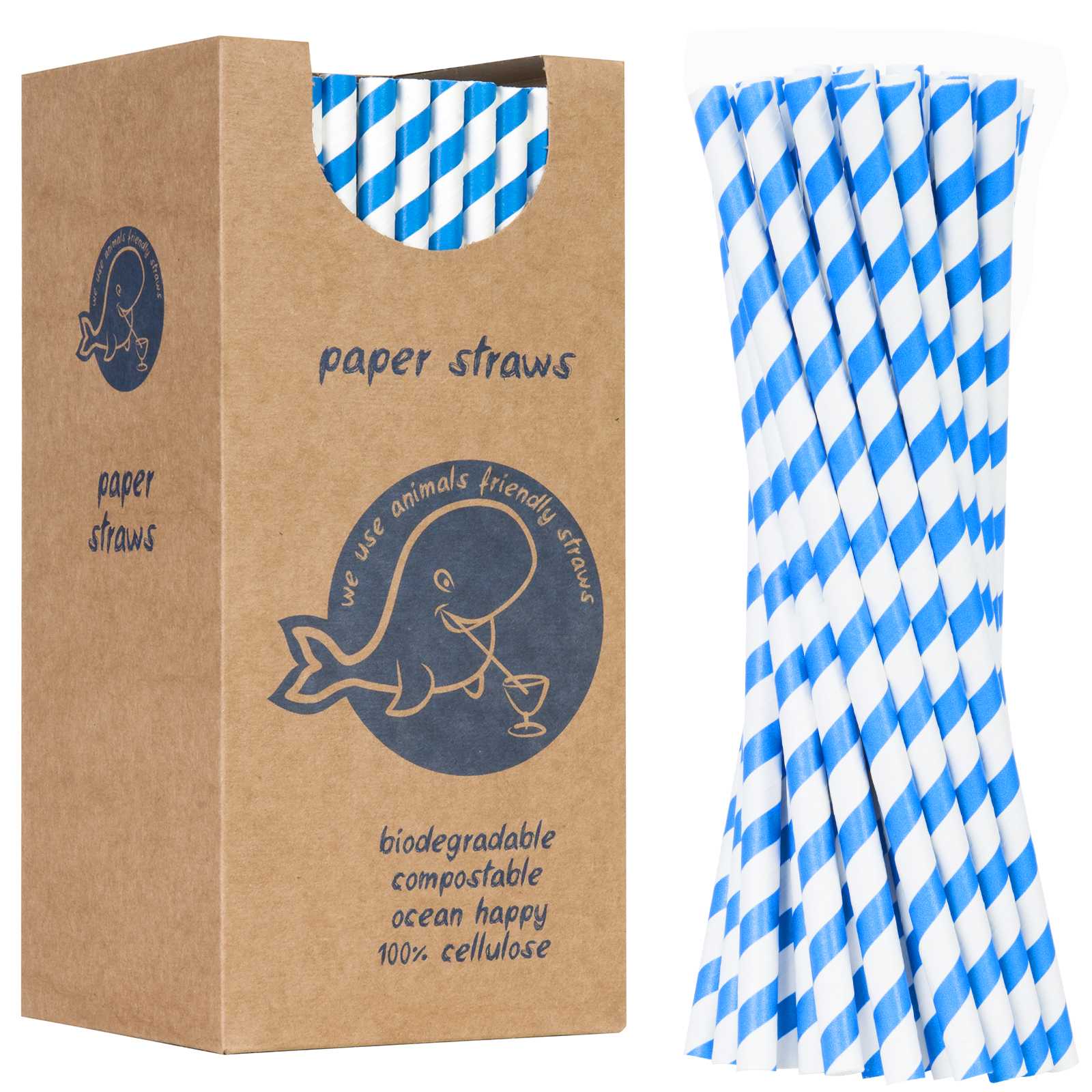 Słomki papierowe BIO ekologiczne PAPER STRAWS grube 8/205mm – biało-niebieskie 160szt.
