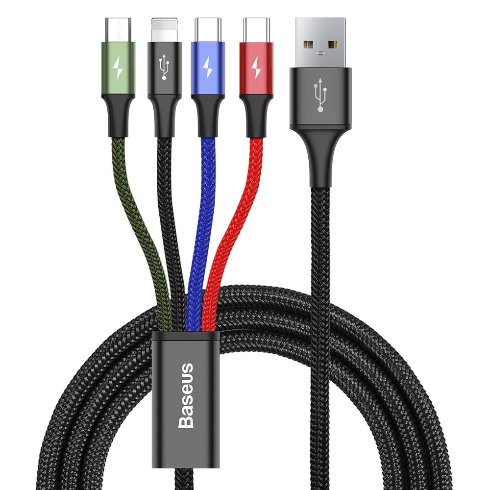 Kabel przewód USB 4w1 Iphone Lightning 2 x USB-C microUSB w nylonowym oplocie 3.5A 1.2m czarny Kabel przewód USB 4w1 Iphone Lightning 2 x USB-C microUSB w nylonowym oplocie 3.5A 1.2m czarny