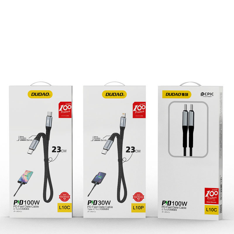 Kabel przewód płaski krótki do iPhone USB-C – Lightning L10P PD 20W 23cm czarny