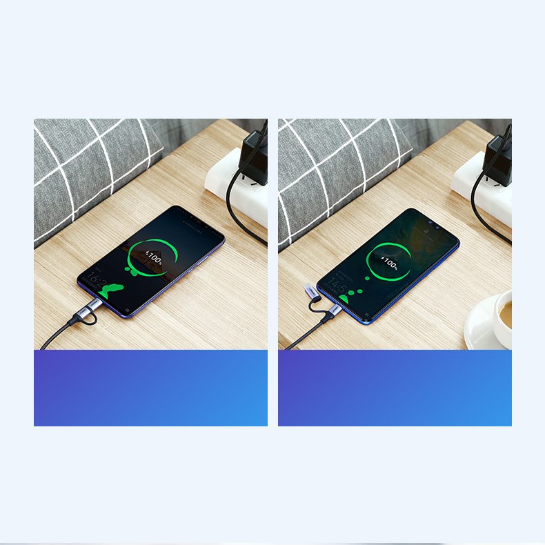 2w1 Kabel przewód w mocnym oplocie USB – microUSB + USB-C 1m 2.4A czarny