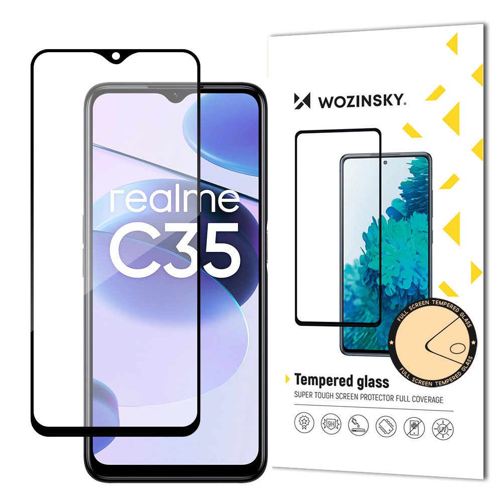 Wytrzymałe szkło hartowane 9H na cały ekran Realme C35 z ramką Case Friendly czarny Wytrzymałe szkło hartowane 9H na cały ekran Realme C35 z ramką Case Friendly czarny