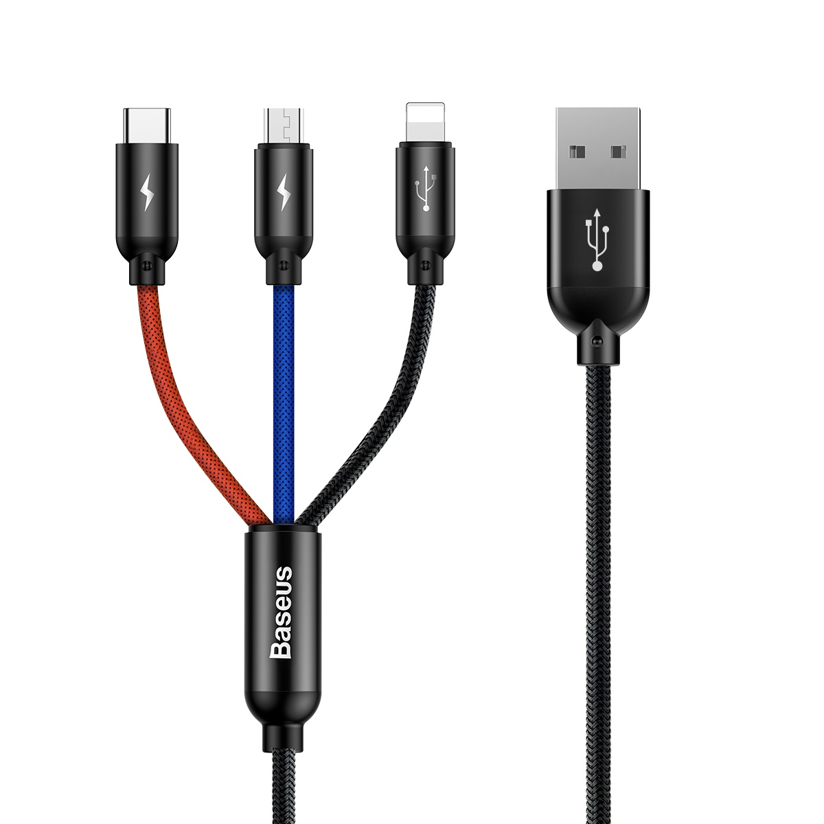 3w1 Kabel przewód USB-A – micro USB / iPhone Lightning / USB-C 3.5A 0.3m – czarny