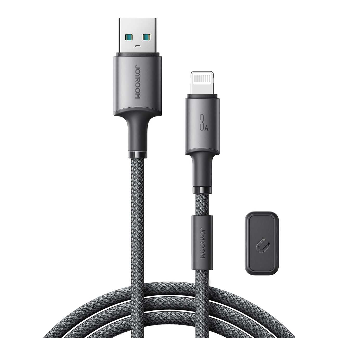 Kabel przewód USB-A – iPhone Lightning z organizerem uchwytem magnetycznym 1.2m – szary