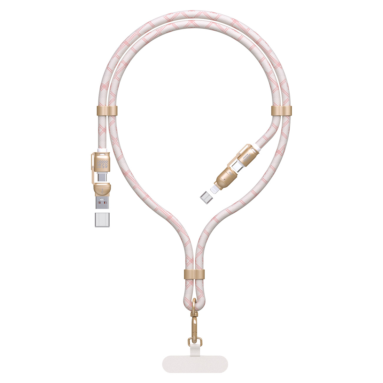 4w1 Kabel przewód smycz USB-A / USB-C / iPhone Lightning PD QC 65W 1.5m – różowy
