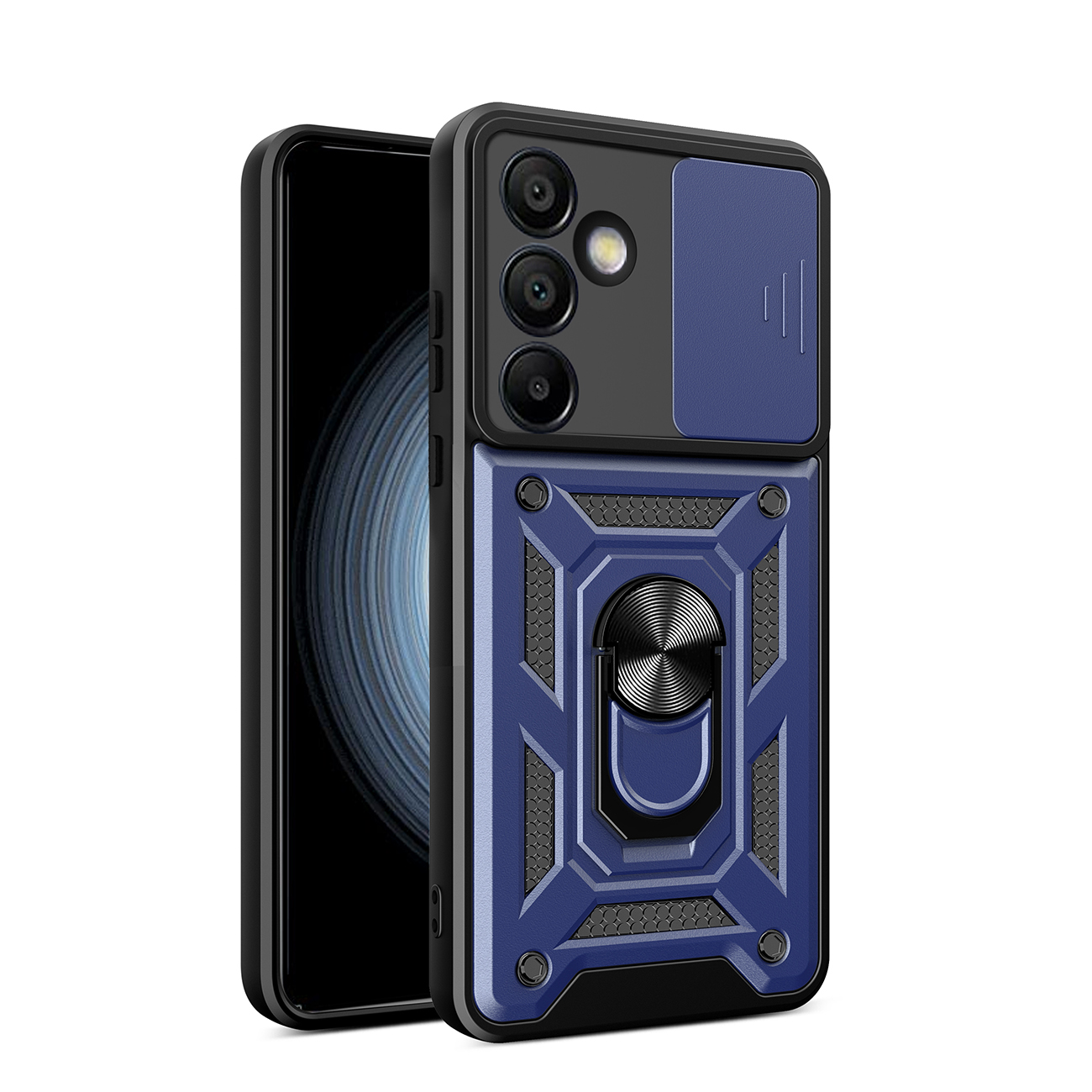 Pancerne etui na Samsung Galaxy A26 z podstawką i osłoną aparatu Hybrid Armor Camshield – niebieskie