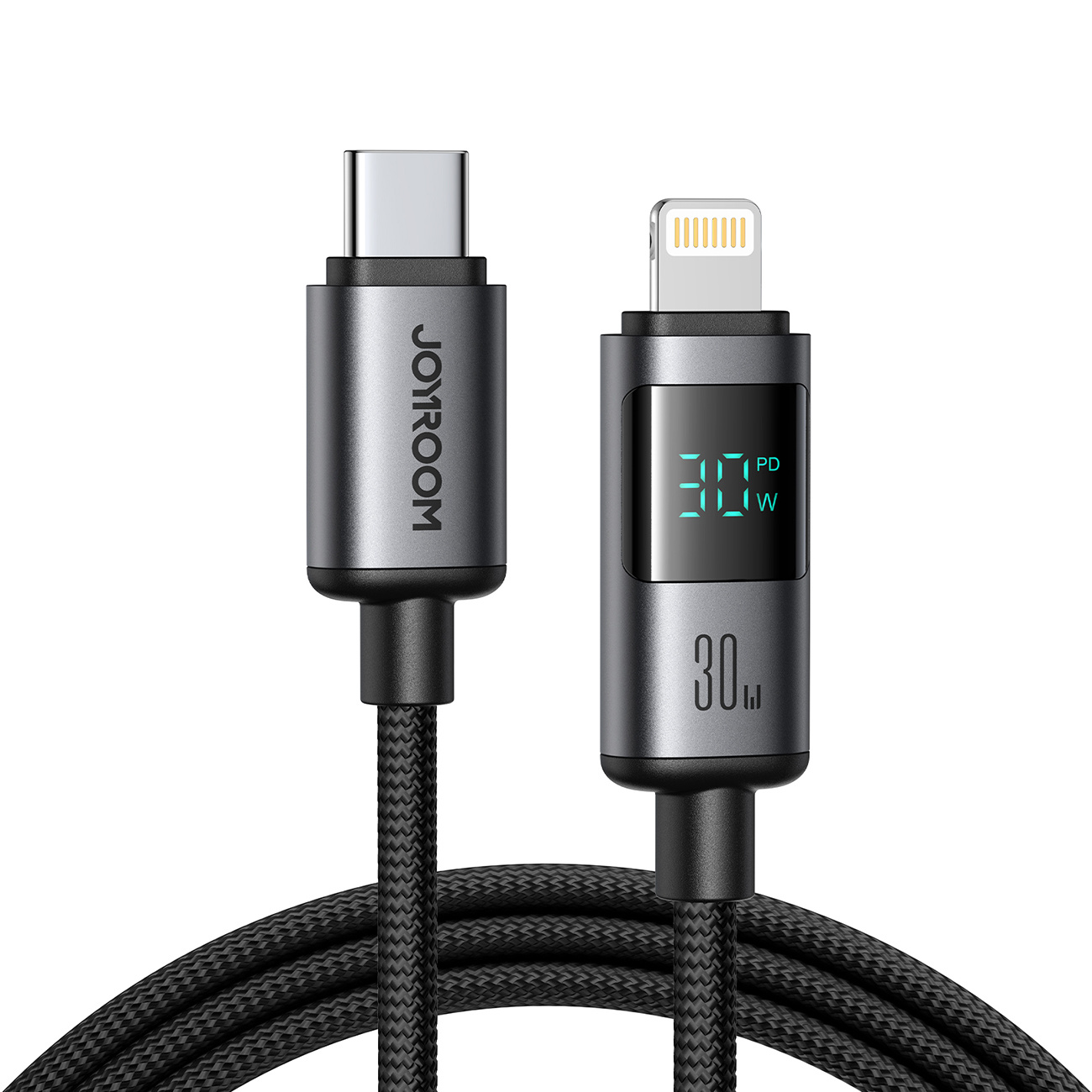 Kabel przewód z wyświetlaczem USB-C – iPhone Lightning 30W 1.2m – czarny