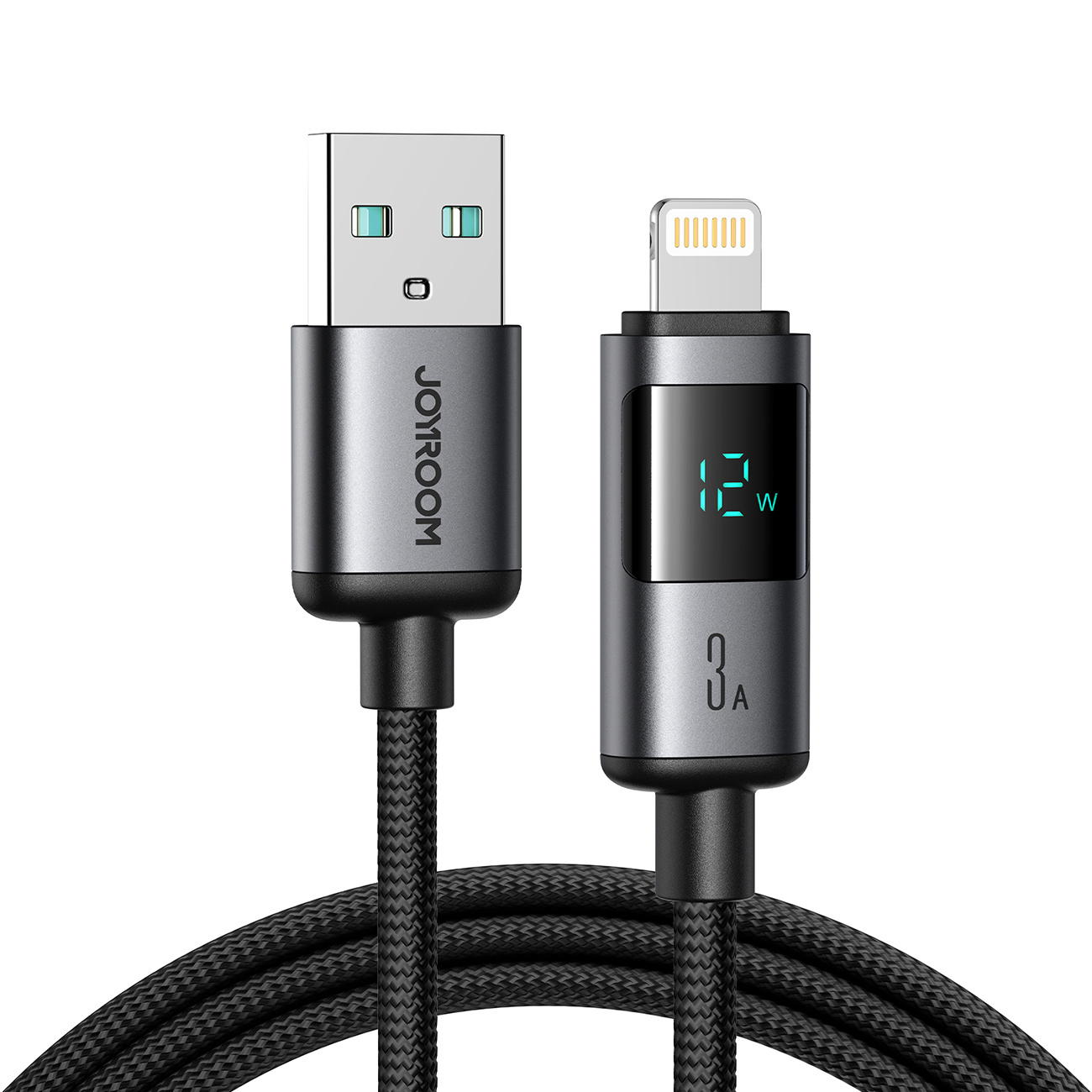 Kabel przewód z wyświetlaczem USB-A – iPhone Lightning 3A 1.2m – czarny