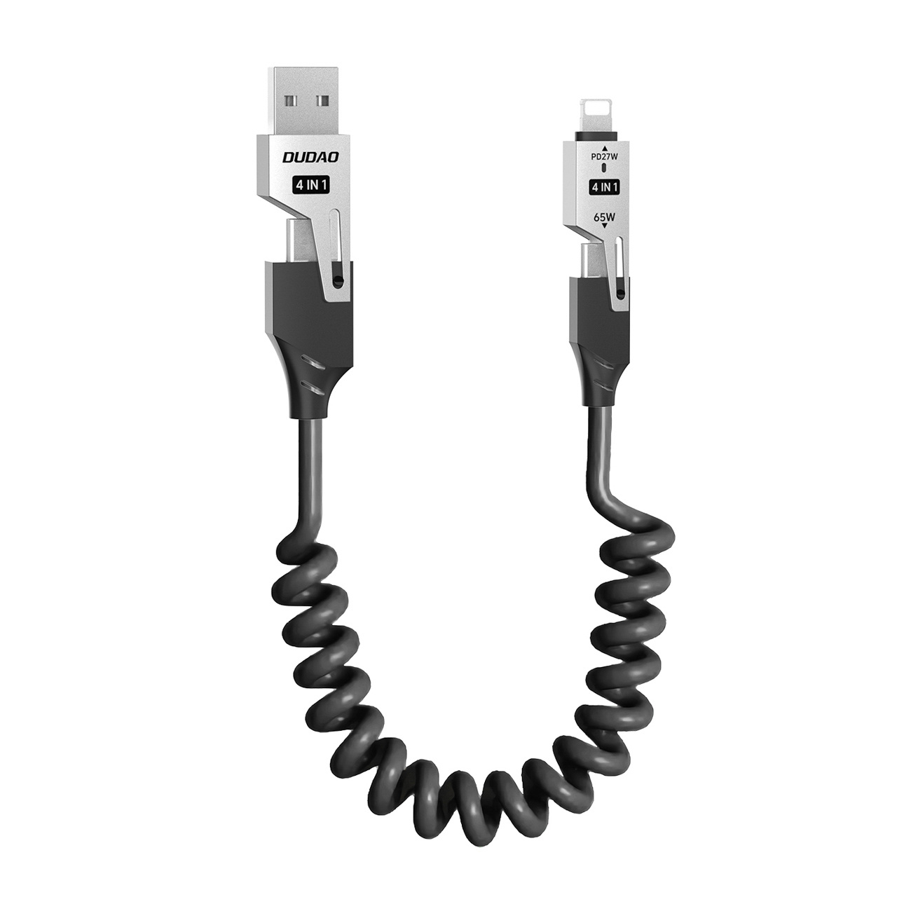 Kabel przewód spiralny 4w1 USB-A / USB-C – Lightning / USB-C – czarny