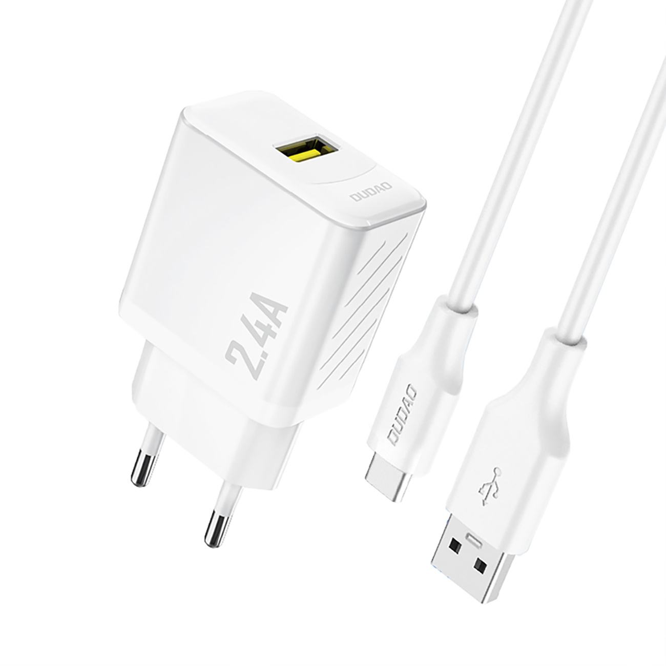 Ładowarka sieciowa USB-A z kablem USB-A – USB-C 2.4A GaN – biała