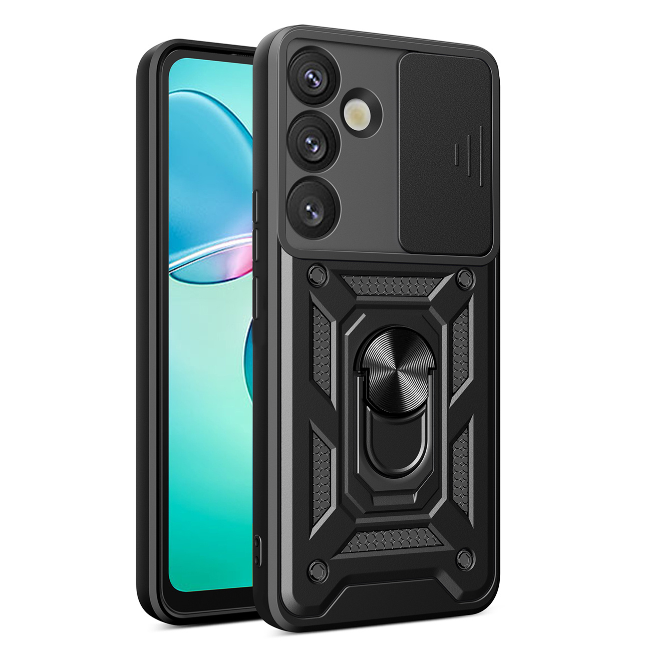 Etui pancerne z osłoną aparatu ringiem podstawką do Samsung Galaxy S25+ Hybrid Armor Camshield – czarny