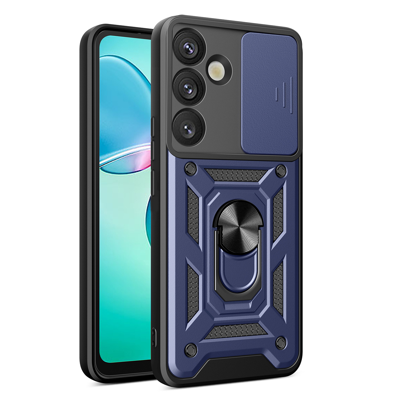Etui pancerne z osłoną aparatu ringiem podstawką do Samsung Galaxy S25+ Hybrid Armor Camshield – niebieski
