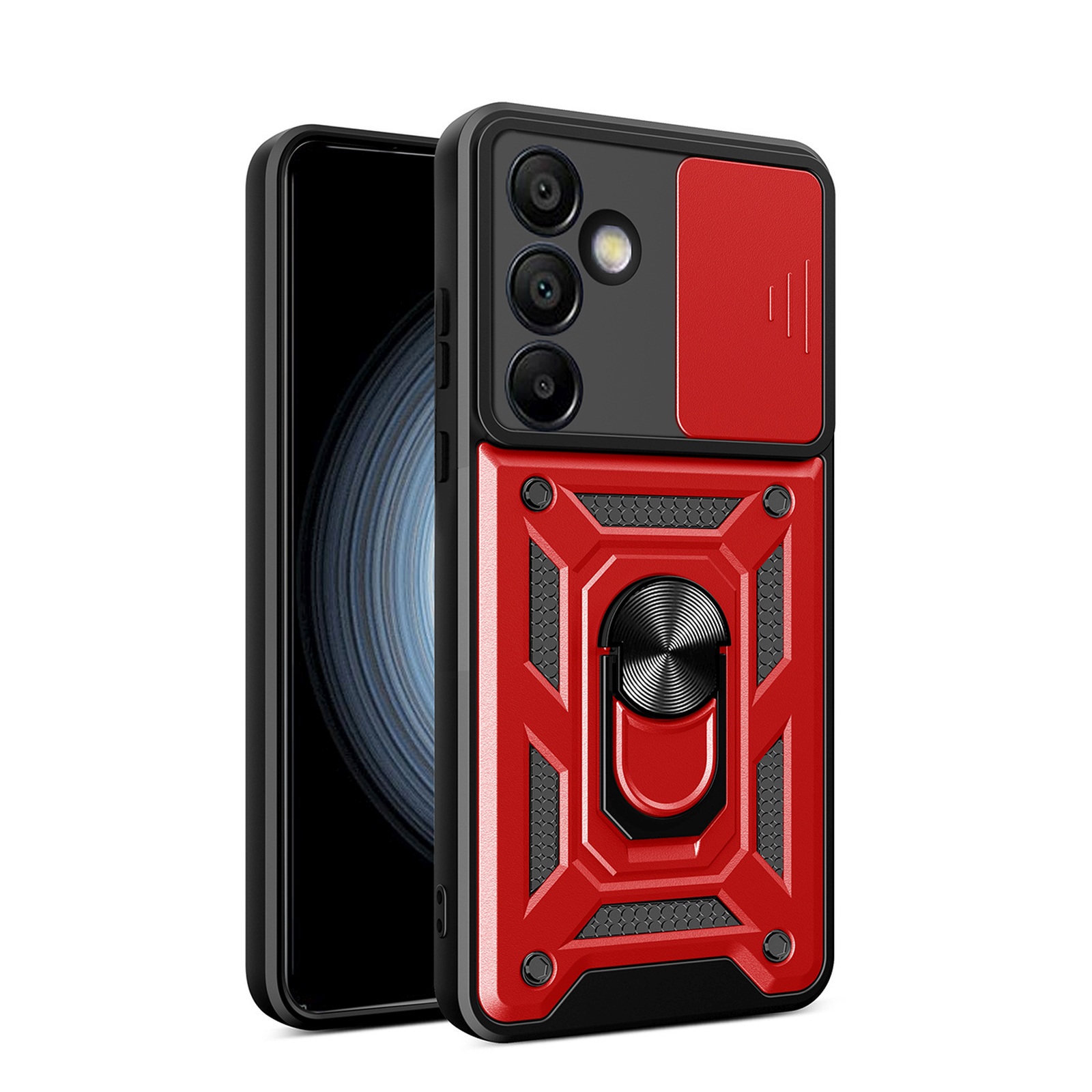 Etui pancerne z osłoną aparatu ringiem podstawką do Samsung Galaxy S25+ Hybrid Armor Camshield – czerwony