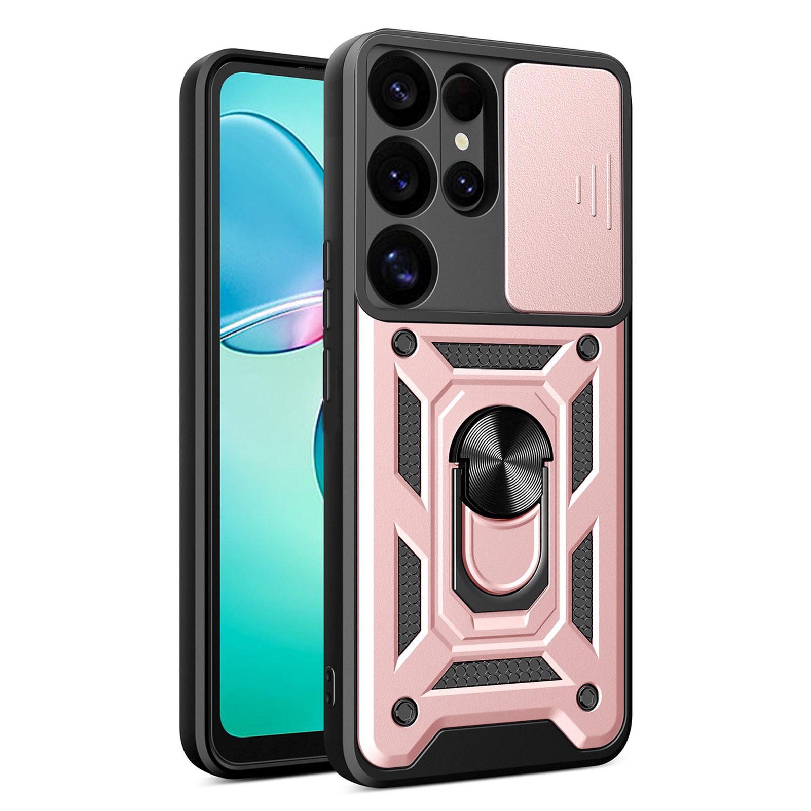Etui pancerne z osłoną aparatu ringiem podstawką do Samsung Galaxy S25 Ultra Hybrid Armor Camshield – różowy