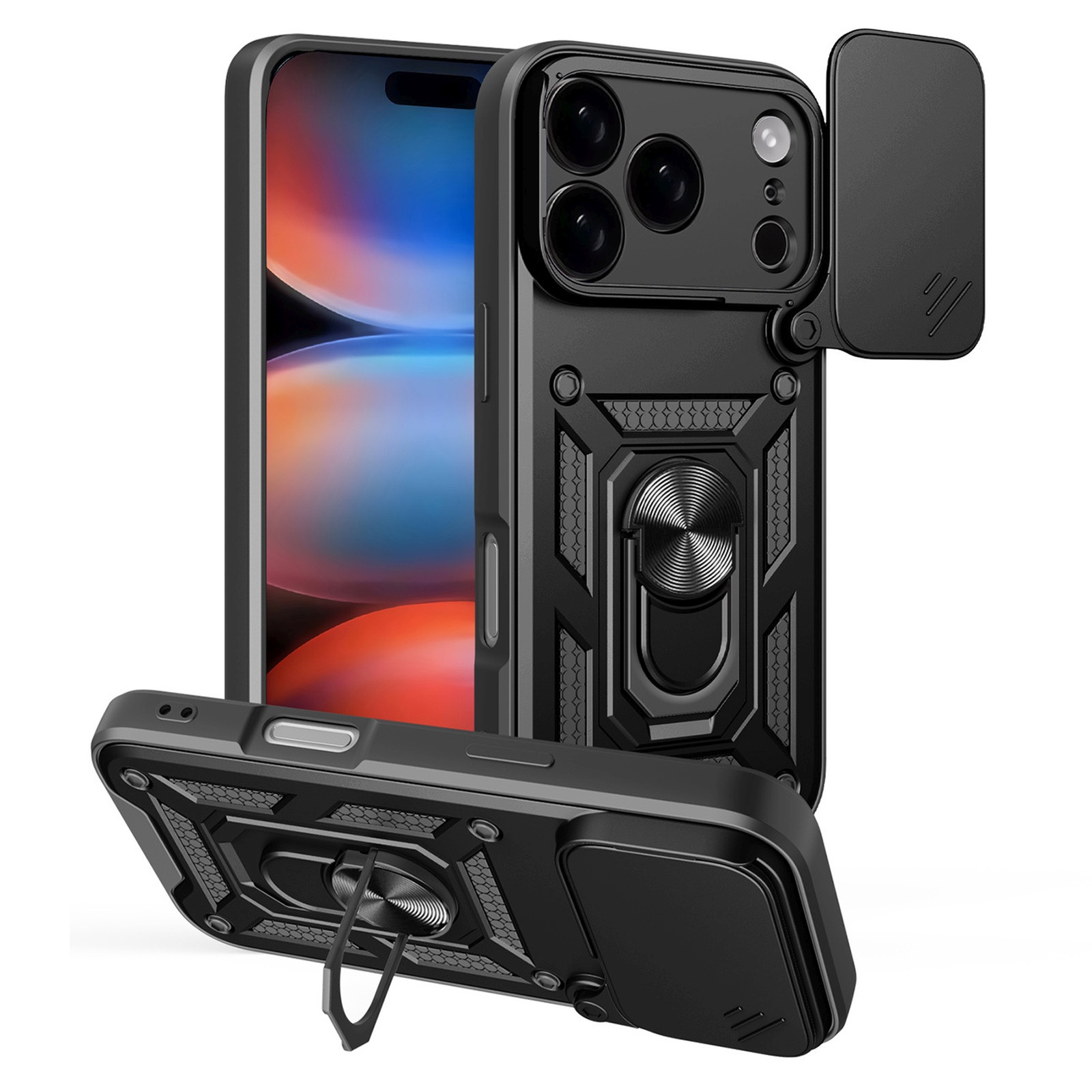 Etui pancerne z podstawką i osłoną aparatu na iPhone 17 Pro Hybrid Armor Camshield – czarny